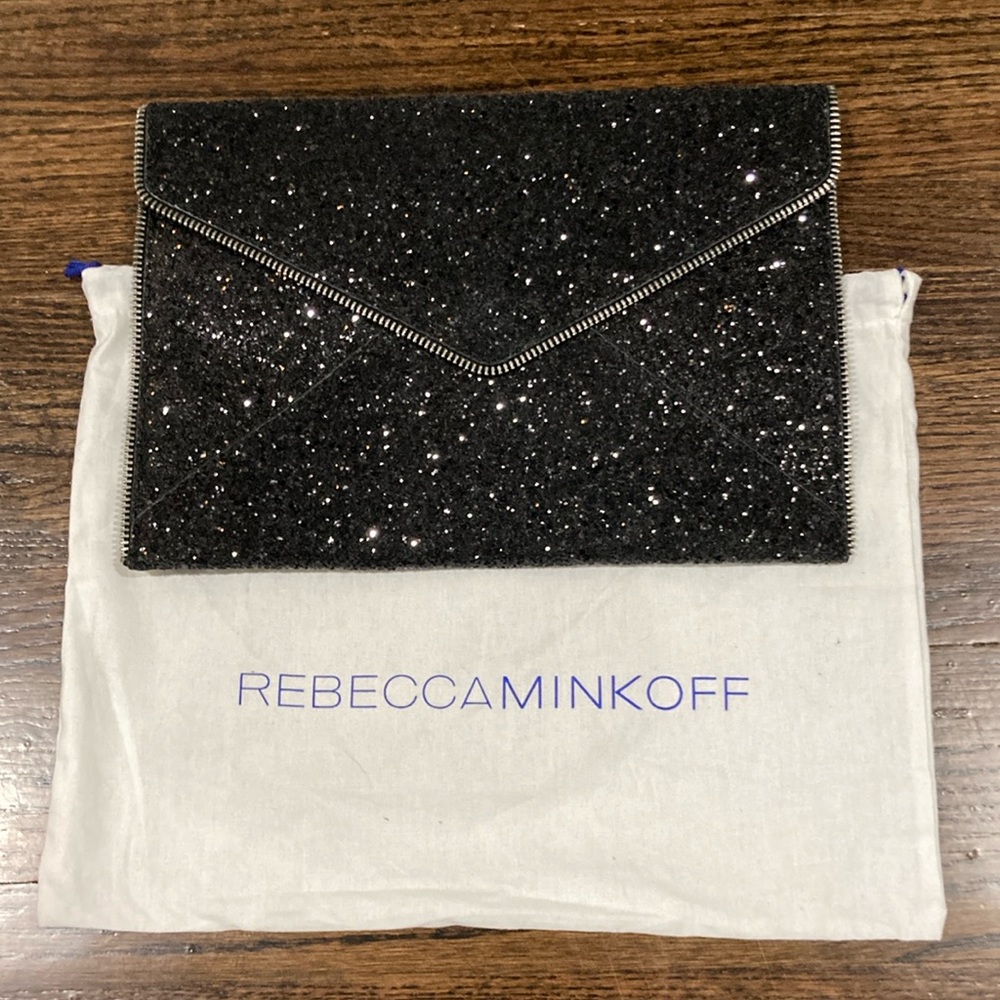 Rebecca Minkoff glitter black clutch with zipper detail